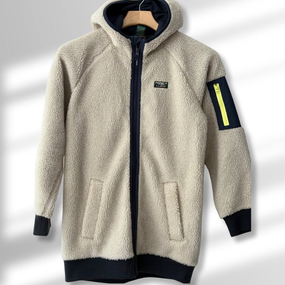LL Bean Kid's Sherpa Cream Ivory Fleece Long Fall Winter Jacket | Size L 14-16